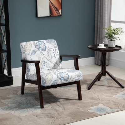 HOMCOM Mid Century Modern Accent Chair, Retro Fabric Armchair, Wooden Arm Upholstered Linen Lounge Chair for Living Room