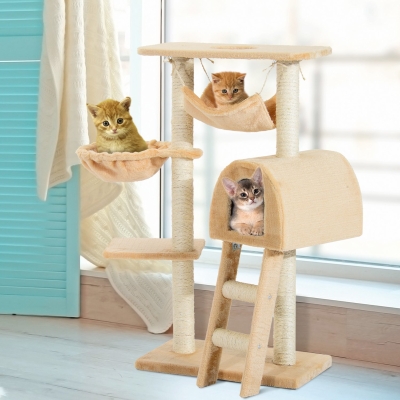 PawHut 39" Deluxe Cat Tree Tower Scratching Post Kitten Condo Activity Center Deep Cream
