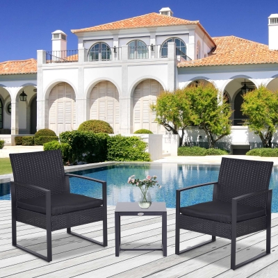 Outsunny 3PCS Patio Rattan Wicker Chair Table Set Cushioned Outdoor Furniture
