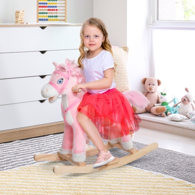 Qaba Kids Plush Rocking Horse Child Ride On Toy Rocker with Realistic Sounds Pink