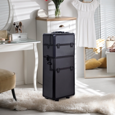 HOMCOM Pro 3 in 1 Portable Aluminum Makeup Train Cases Rolling Cosmetic Organizer Box Black