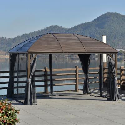 Outsunny 10' x 13' Hardtop Gazebo Aluminum Outdoor Canopy with Mesh Nettings, Practical Curtains, Arc Roof & Roomy Interior Space, Grey