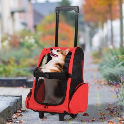 PawHut Pet Carrier Luggage Box Cat Dog Backpack Crate Rolling Wheel with Removable Support, Red