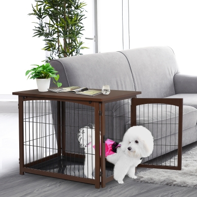 PawHut Wooden Decorative Dog Cage Pet Crate Fence Side Table Small Animal House