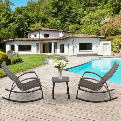 Outsunny 3 Pieces Outdoor Wicker Patio Bistro Set Rattan Set w/ 2 Rocking Chairs and Small Coffee Table, Garden Porch Poolside, Brown