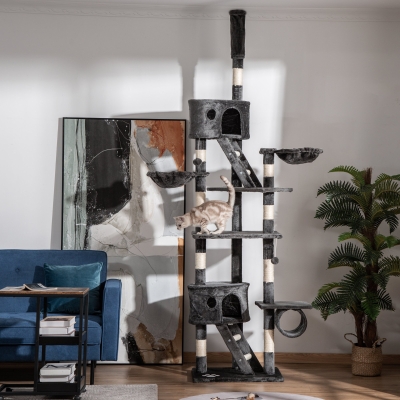 PawHut 94"-102" Huge Cat Tree Ceiling High Cat Condo Scratching Post Activity Center Multi-Level Play House Dark Grey