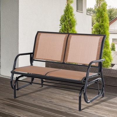 Outsunny Patio Double Glider Outdoor Steel Sling Fabric Rocking Bench Garden Swing Chair Heavy-Duty Porch Rocker Garden Loveseat Coffee Brown