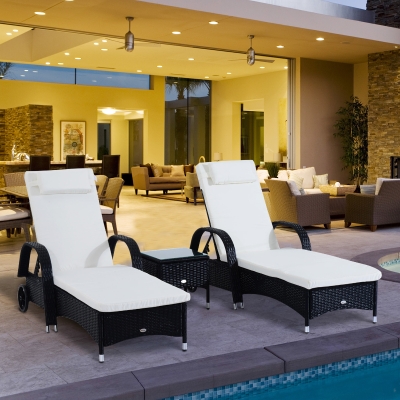 Outsunny 3pcs Wheeled Patio Rattan Lounge Set Reclining Chaise Adjustable Portable with Side Table Black