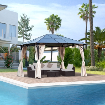 Outsunny 10'x12' Outdoor Hard Top Gazebo Polycarbonate Panel Garden Duluxe Pavilion Shelter Canopy BBQ Sunshade with Removable Curtains