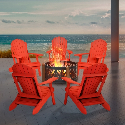 Outsunny Folding Adirondack Chair with Ottoman, Outdoor Wooden Lounger for Patio, Porch, Poolside, Garden, Red