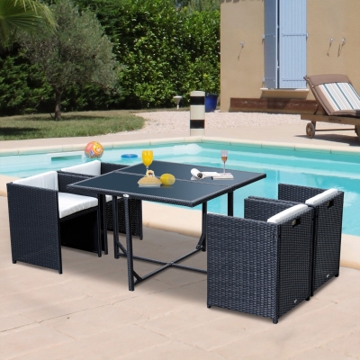 Outsunny 5pcs Rattan Wicker Dining Sofa Table Set Outdoor Patio Furniture with Cushion, Black