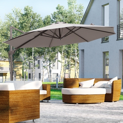 Outsunny Φ10' Cantilever Umbrella Round Hanging Aluminium Patio Crank Deck 360° Rotatable Garden Offset Parasol with Cross Base, Grey