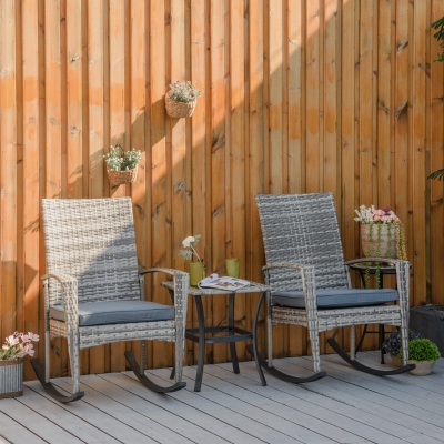 Outsunny 3pcs Rattan Rocking Chair Table Set Outdoor Wicker Furniture with 2 Chair 1 Coffee Table for Backyard Deck Patio Bistro Set Grey