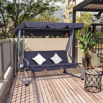 Outsunny Heavy-duty Metal 3 Seater Covered Outdoor Swing Chair Garden Hammock and Bed with Frame, Canopy and 2 Pillows (Grey)