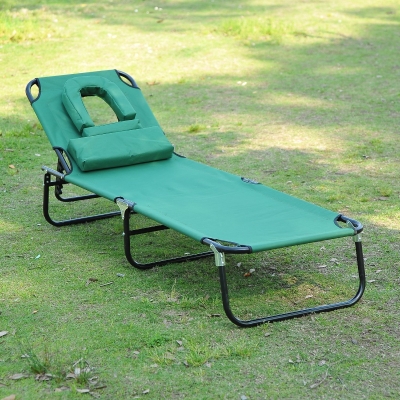Outsunny Adjustable Garden Sun Lounger w/ Reading Hole Outdoor Reclining Seat Folding Camping Beach Lounging Bed, Green