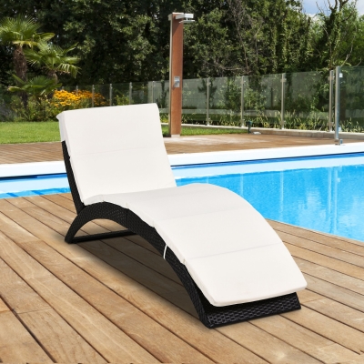 Outsunny Patio Foldable Wicker Chaise Lounge, PE Rattan Outdoor Lounge Chair, Recliner Bed with Cushion, Beige