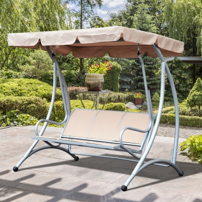 Outsunny 3 Seat Metal Swing Chair Hammock w/ Canopy Cover Heavy Duty Patio Garden Outdoor Beige