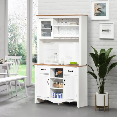 HOMCOM 71" Kitchen Buffet with Hutch, Farmhouse Style Storage Cupboard with Utility Drawer, 3 Door Cabinets and 5-tier Shelves, White