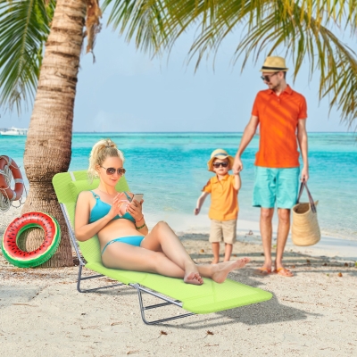 Outsunny Portable Adjustable Reclining Seat Folding Garden Chaise Lounge Outdoor Camping Beach Lounging Bed with Pillow, Green