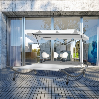 Outsunny Double Chaise Outdoor Lounge Bed with Canopy and Headrest Pillow, Portable Patio Sunbed Hammock Lounger, Cream White