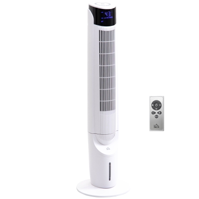 HOMCOM Ice Cooling Tower Fan, Standing Oscillating Fan with 3 Speeds, 4 Modes, 12 Hour Timer, LED Display and Remote Control for Bedroom, Office or Living Room, White