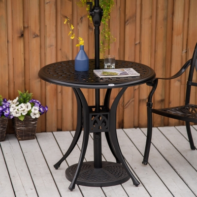 Outsunny 30-inch Round Patio Dining Table with Umbrella Hole Antique Cast Aluminium Outdoor Bistro Table, Black