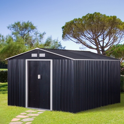 Outsunny 11' x 9' Metal Storage Shed Garden Tool House with Double Sliding Doors, 4 Air Vents for Backyard, Patio, Lawn Dark Grey