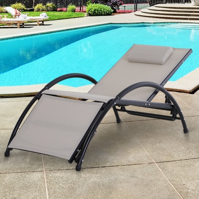 Outsunny Outdoor Lounger Patio Reclining Texteline Chair w/ Pillow, Adjustable Footrest, Beige