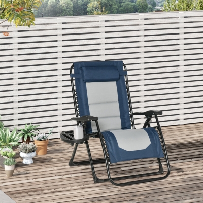 Outsunny Zero Gravity Lounger Chair, Padded Folding Reclining Patio Chair with Cup Holder, Headrest, Blue