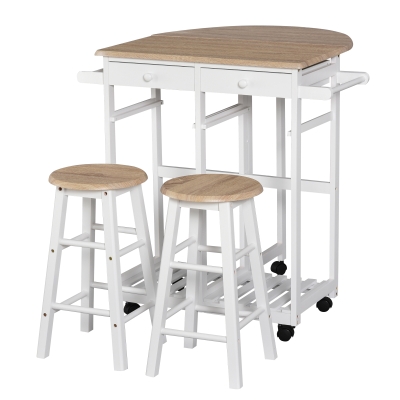 HOMCOM 3 Pieces Kitchen Cart Set Drop Leaf Breakfast Table with 2 Stools Rolling Wheels for Living Dining Room Apartment