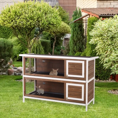 PawHut Wooden Rabbit Hutch, Brown, Outdoor with Dividers