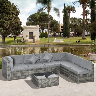 Outsunny 7pc Garden Wicker Sectional Set w/Tea Table Patio Rattan Lounge Sofa with Cushion Outdoor Deck Furniture All Weather Grey