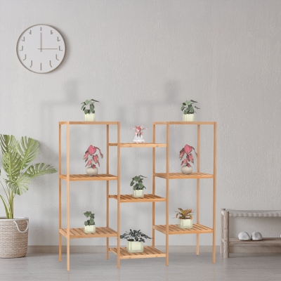 HOMCOM 9-Tier Bamboo Plant Stand, Flower Shelf, Utility Slatted Shelving Unit for Living Room, Balcony, Hallway, Bathroom, Natural