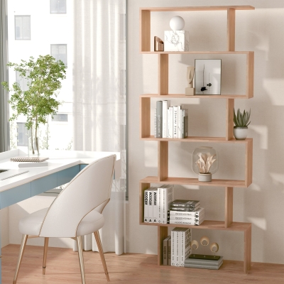 HOMCOM 76" 6-Tier Wooden Bookcase S Shaped Storage Display Shelf Modern Bookshelf Open Concept Living Room Home Office Furniture