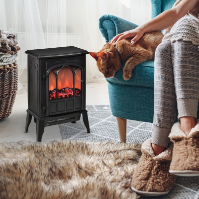 HOMCOM Electric Fireplace Stove, Freestanding Fireplace Heater with Realistic Flame, Adjustable brightness, Overheating Safety System, Black