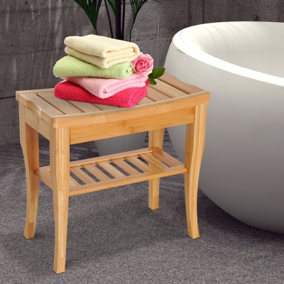 HOMCOM 20" Bamboo Shower Bench Bathroom Stool Spa Bath Seat Organizer Storage Shelf