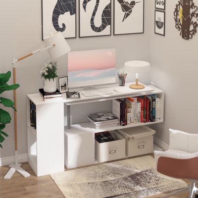 HOMCOM 55" 360° Rotating Corner Computer Desk Modern L-Shaped Home Office Workstation with 3-Tier Storage Shelves, Bookshelf, White