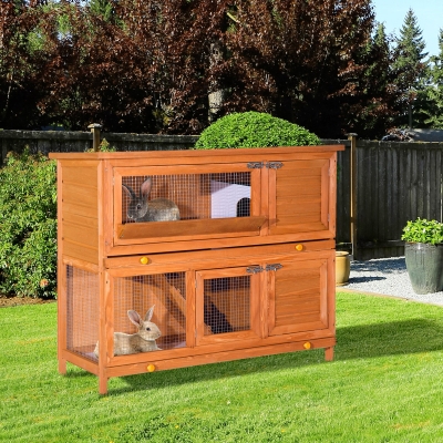PawHut 2 Tier Elevated Wooden Rabbit Hutch Bunny House Chicken Coop Small Animal Cage w/ Sliding-Out Tray