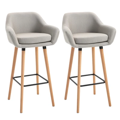 HOMCOM Modern Bar Stools Set of 2, 31.5" Barstools with Linen Fabric and Solid Wood Legs, Backrest and Footrest, Dining Room Kitchen Counter, Beige