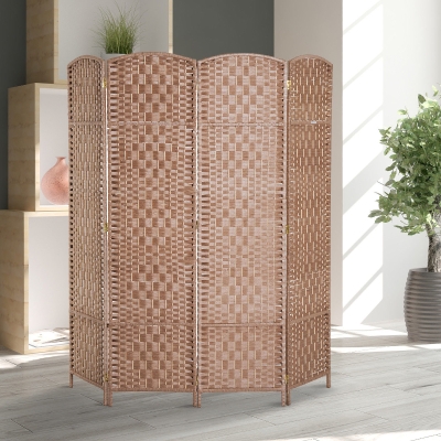 HOMCOM 6' Tall Wicker Weave 4 Panel Room Divider Privacy Screen - Natural Blonde Wood