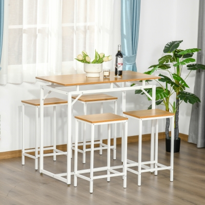 HOMCOM Bar Table Set With 4 Stools, 5 Pieces Bar Height Breakfast Table for Dining Room, Kitchen, Oak