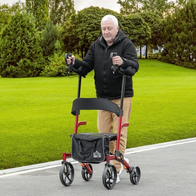HOMCOM Aluminum Forearm Rollator Walker for Seniors and Adults with 10'' Wheels, Seat and Backrest, Folding Upright Walker with Adjustable Handle Height and Removable Storage Bag, Red