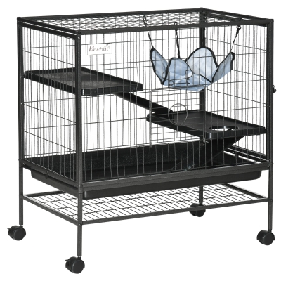 PawHut 3-Storey Small Animal Cage, Metal Ferret Cage, Chinchilla Play House, with Rolling Casters, 2 Doors, Hammock, No Leaking Tray, Storage Shelf, 31.5" x 20.5" x 33"