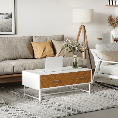 HOMCOM Modern Coffee Table, Rectangular Cocktail Table with Drawers and Open Storage Compartment, Steel Legs for Living Room