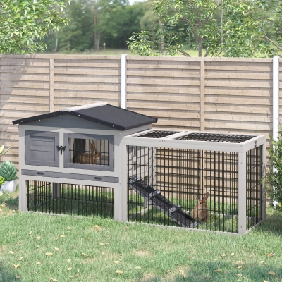 PawHut Solid Wood Rabbit Hutch Bunny Cage Pet Guinea Pig House Outdoor Small Animal Habitat w/ Ramp, Weather-Resistant Asphalt Openable Roof,Pull-out Tray, Light Grey