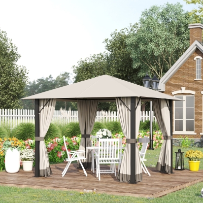 Outsunny 10' x 10' Patio Gazebo Outdoor Canopy Shelter with Sidewalls, Vented Roof, Aluminum Frame for Garden, Lawn, Backyard and Deck, Khaki
