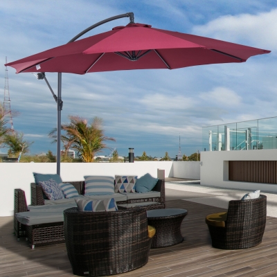 Outsunny Φ10’ Deluxe Patio Umbrella Outdoor Market Parasol Banana Cantilever Hanging Offset Sunshade (Wine Red)