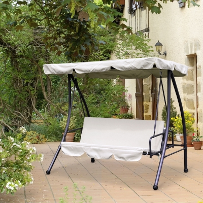 Outsunny Convertible Patio Swing Chair 3 Person Hammock Cushioned Portable Outdoor with Tilt Canopy Beige