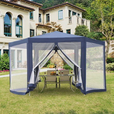 Outsunny Φ13' Outdoor Hexagon Gazebo Party Tent Outdoor Canopy Garden Sunshade with Fully Enclosed Mesh Sidewalls Blue