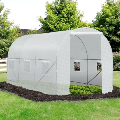Outsunny 14.8x6.6x6.6ft Walk-in Tunnel Greenhouse Portable Garden Plant Growing Warm House with Door and Ventilation Window, White